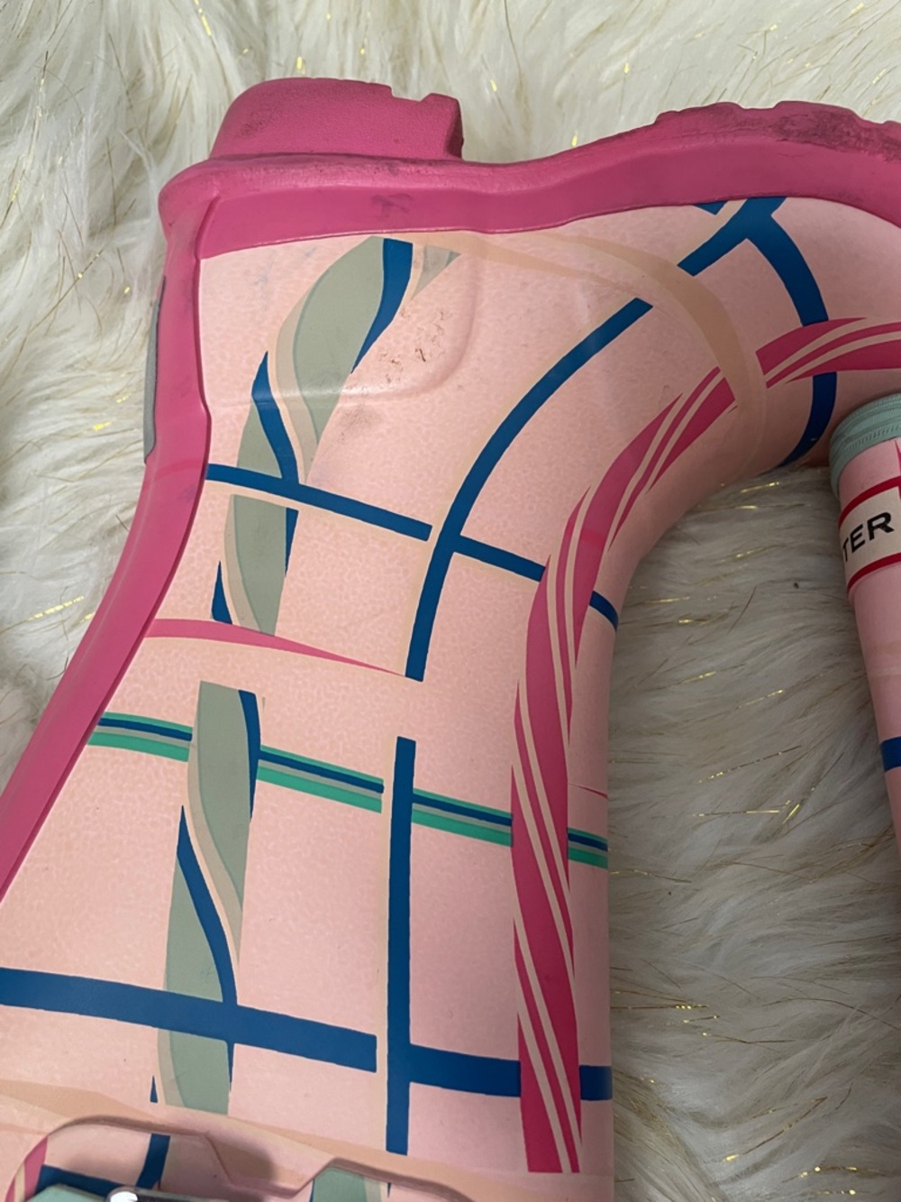 Hunter Pink and Teal Patterned Kids Rain Boots - Picture 2 of 13